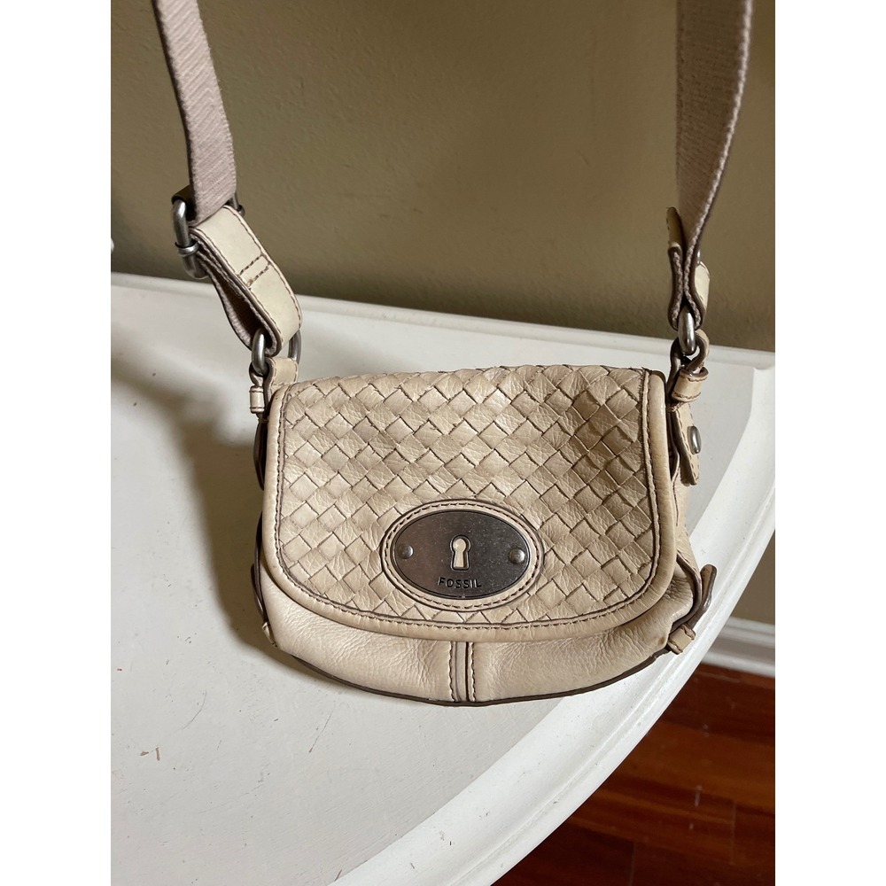 Vtg Fossil Woven Maddox Leather Crossbody Bag Ivory Cream Small Messenger Logo